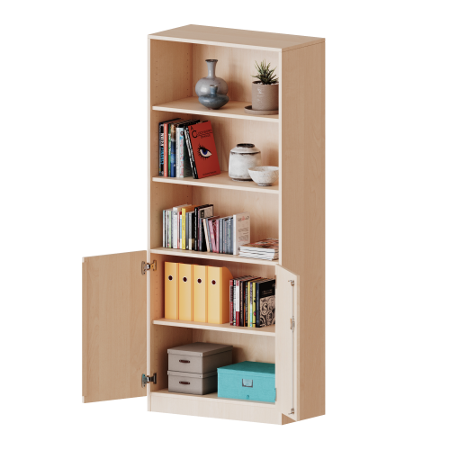Schrank, 5 Ordnerhöhen, Türen unten (2 OH), oben 3 offene Fächer - Serie evo180 Gesamthöhe 190 cm, 2 Türen, abschließbar, mit Sockel (81 mm)