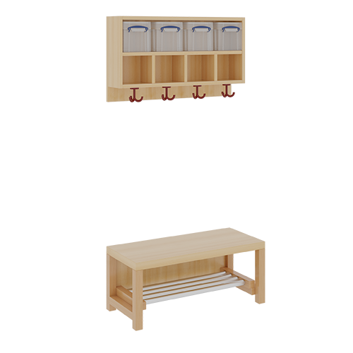 Komplettgarderobe mit doppelter Ablagereihe inklusive Boxen B/T: 80x35 cm, 4 Plätze, Sitzhöhe 26 cm, 2teilig ohne Stütze, Ablage zur Wandmontage, Alurohr-Schuhrost