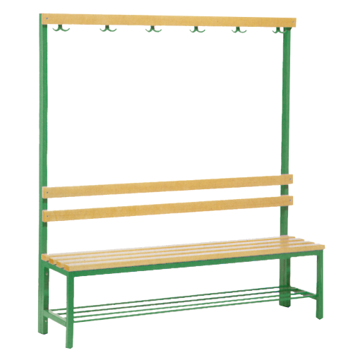 Umkleidebank, 6 Kleiderhaken einseitig B/H/T: 150x150x38 cm, Sitzhöhe: 45 cm, wahlweise mit Schuhrost