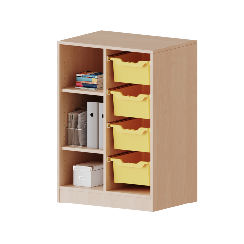 ErgoTray Regal, zweireihig, 2,5 Ordnerhöhen - evo180 Serie Breite 70,3 cm, Gesamthöhe 100 cm, mit Sockel, links 3 Fächer, rechts 4 hohe ErgoTray Boxen