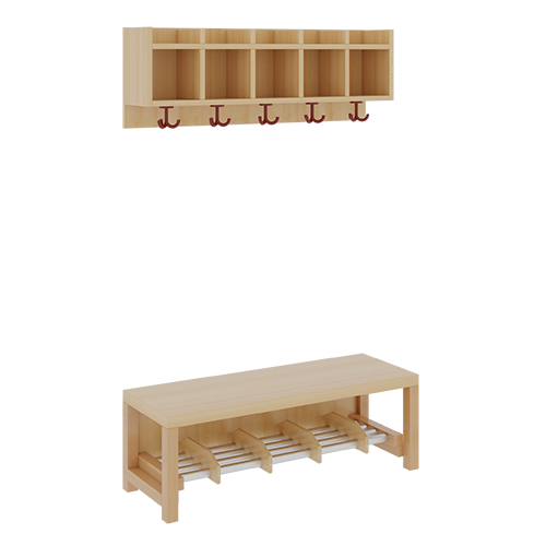 Komplettgarderobe mit einfacher Ablagereihe B/T: 100x35 cm, 5 Plätze, Sitzhöhe 26 cm, 2teilig ohne Stütze, Ablage zur Wandmontage, Alurohr-Schuhrost mit Trennungen