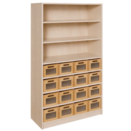 Korpus-Regal mit Materialkästen und offenen Fächern B/H/T: 102x160x40 cm, unten mit 16 Massivholz-Kästen mit Sichtfenster, oben Regal mit 3 Fächern
