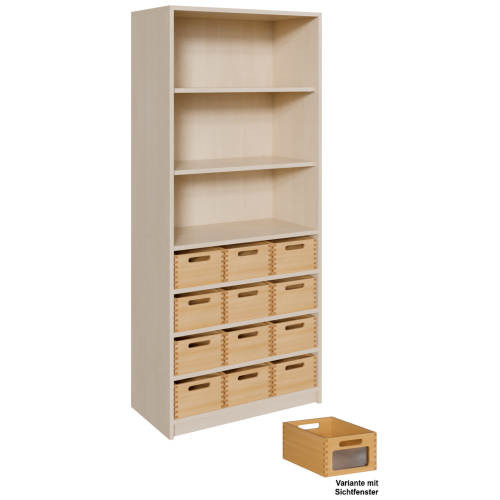 Korpus-Regal mit Materialkästen und offenen Fächern B/H/T: 78x180x40 cm, unten mit 12 Massivholz-Kästen mit Sichtfenster, oben Regal mit 3 Fächern