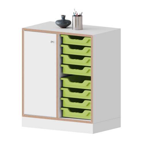 qickly® Schrank, 2 Ordnerhöhen, 1 Tür links mit Schloss, 8 kleine Ergo Tray Boxen B/H/T: 70,1x74,3x42,6 cm qickly® Schrank, 2 Ordnerhöhen, 1 Tür links mit Schloss, 8 kleine Ergo Tray Boxen B/H/T: 70,1x74,3x42,6 cm