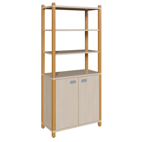 Stollen-Schrank mit 2 Türen, oben 3 offene Fächer B/T: 82x40 cm, unten 2 Türen, 2 Einlegeböden für 3 große Fächer, oben offen mit 2 Einlegeböden für 3 weitere Fächer