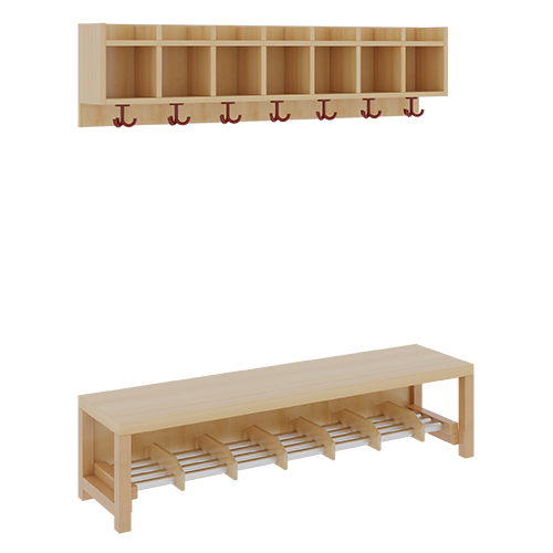 Komplettgarderobe mit einfacher Ablagereihe B/T: 140x35 cm, 7 Plätze, Sitzhöhe 26 cm, 2teilig ohne Stütze, Ablage zur Wandmontage, Alurohr-Schuhrost mit Trennungen