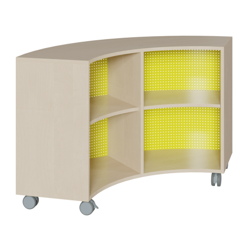 Korpus-Regal auf 1/4-Kreis-Grundriß, Rückwand aus Lochblech Bogenregal auf 90°, B/H/T: 140x62.5x57 cm, mit 4 Fächern
