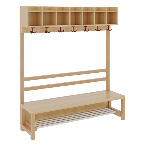 Komplettgarderobe mit einfacher Ablagereihe B/H/T: 140x130x39 cm, 7 Plätze, Sitzhöhe: 34 cm, offene Stütze in Buche-massiv, mit Schuhrost aus Aluminiumrohren