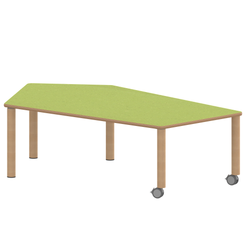 Tisch ZALOTTI mit Linoleum-Belag Fünfecktisch-groß, Stellfläche B/T: 185x104 cm, Höhen 25…76 cm, Massivholzbeine Ø 60 mm, Fußvariante: fahrbar