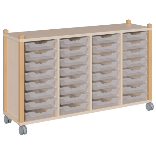 fahrbares Regal in Stollenbauweise B/T: 143,3x40 cm, 4reihig in 3 verschiedenen Höhen, unterschiedlich hohe ErgoTray-Boxen