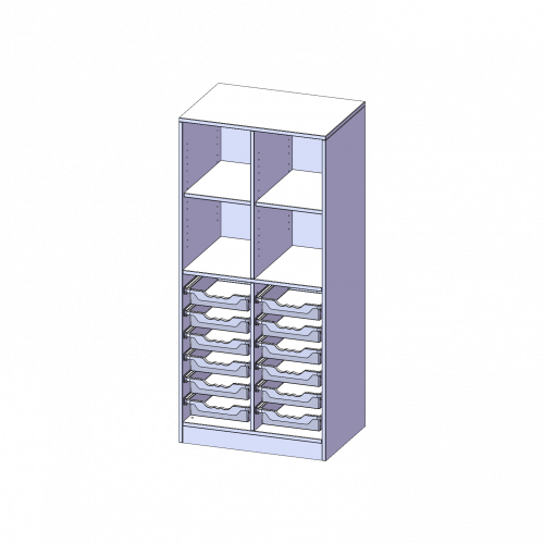 ErgoTray Regal, zweireihig, 4 Ordnerhöhen - evo180 Serie B/H/T: 70,3x154x50 cm, mit Sockel (81 mm), oben 4 Fächer, unten 12 flache ErgoTray Boxen