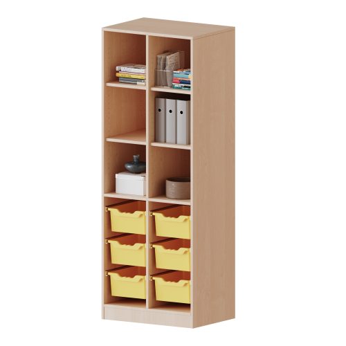 ErgoTray Regal, zweireihig, 5 Ordnerhöhen - evo180 Serie Breite 70,3 cm, Gesamthöhe 190 cm, mit Sockel (81 mm) und Mittelwand, unten 6 hohe ErgoTray Boxen, oben 4 Einlegeböden