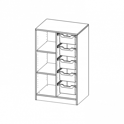 ErgoTray Regal, zweireihig, 3 Ordnerhöhen - evo180 Serie B/H/T: 70,3x118x50 cm, mit Sockel (81 mm), links 3 Fächer, rechts 5 hohe ErgoTray Boxen