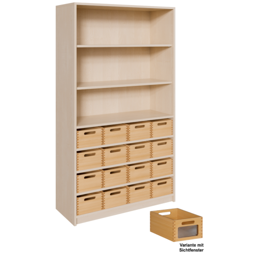 Korpus-Regal mit Materialkästen und offenen Fächern B/H/T: 102x180x40 cm, unten mit 16 Massivholz-Kästen mit Sichtfenster, oben Regal mit 3 Fächern