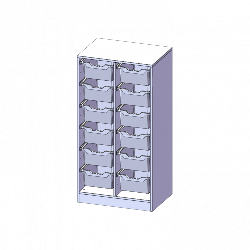 ErgoTray Regal, zweireihig, 3,5 Ordnerhöhen - evo180 Serie B/H/T: 70,3x136x50 cm, mit Sockel (81 mm), 12 hohe ErgoTray Boxen