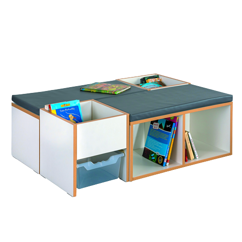 Leseinsel mit Sitzpolster 2 Bänke mit Sitzpolster, 2 Bücherkisten mit Ergotray Box B/H/T: 114x40x80 cm