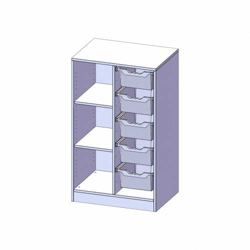 ErgoTray Regal, zweireihig, 3 Ordnerhöhen - evo180 Serie B/H/T: 70,3x118x50 cm, mit Sockel (81 mm), links 3 Fächer, rechts 5 hohe ErgoTray Boxen