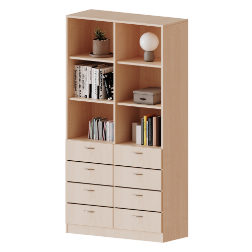 Schubladen - Kombischrank, 5 Ordnerhöhen - Serie evo180 Gesamthöhe 190 cm, 8 Schubladen unten, oben 6 offene Fächer, mit Mittelwand, mit Sockel (81 mm)