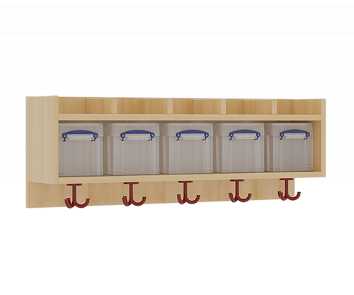 einfache Garderobenablage H/T: 34,5x27 cm in verschiedenen Breiten, offene Ablagen zur Wandmontage, darunter Boxen, unten Haken