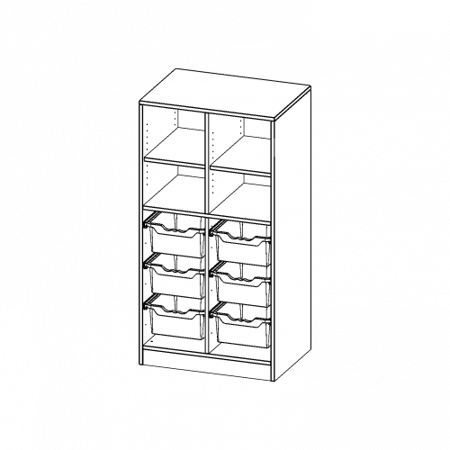 ErgoTray Regal, zweireihig, 3,5 Ordnerhöhen - evo180 Serie B/H/T: 70,3x136x50 cm, mit Sockel (81 mm), oben 4 Fächer, unten 6 hohe ErgoTray Boxen