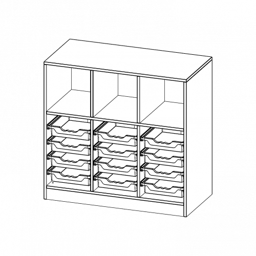 ErgoTray Regal, dreireihig, 2,5 Ordnerhöhen - evo180 Serie B/H/T: 104,5x100x50 cm, mit Sockel (81 mm), oben 3 Fächer, unten 12 flache ErgoTray Boxen