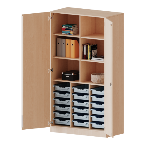 ErgoTray Schrank, dreireihig, 5 Ordnerhöhen - evo180 Serie B/H/T: 104,5x190x50 cm, zweitürig, mit Sockel (81 mm), mit Mittelwand, mit 18 flachen ErgoTray Boxen
