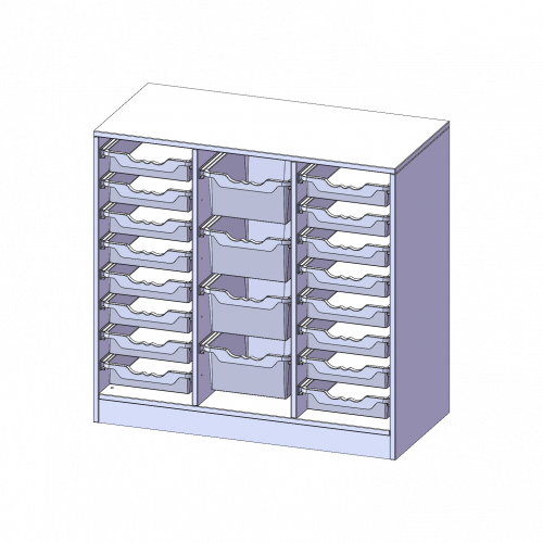 ErgoTray Regal, dreireihig, 2,5 Ordnerhöhen - evo180 Serie B/H/T: 104,5x100x50 cm, mit Sockel (81 mm), rechts und links je 8 flache, in der Mitte 4 hohe ErgoTray Boxen