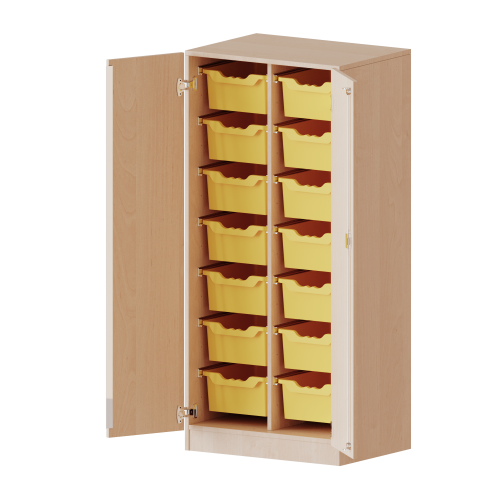 ErgoTray Schrank, zweireihig, 4 Ordnerhöhen - evo180 Serie B/H/T: 70,3x154x50 cm, zweitürig, mit Sockel (81 mm), mit 14 hohen ErgoTray Boxen