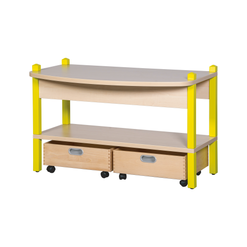 Stollen-Spieltisch B/H/T: 106x60x40/60 cm, einseitig gerundet, 2 Rollkästen Stollen-Spieltisch B/H/T: 106x60x40/60 cm, einseitig gerundet, 2 Rollkästen