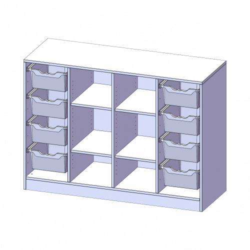 ErgoTray Regal, vierreihig, 2,5 Ordnerhöhen - evo180 Serie B/H/T: 138,7x100x50 cm, mit Sockel (81 mm), rechts und links je 4 hohe ErgoTray Boxen, in der Mitte 6 offene Fächer
