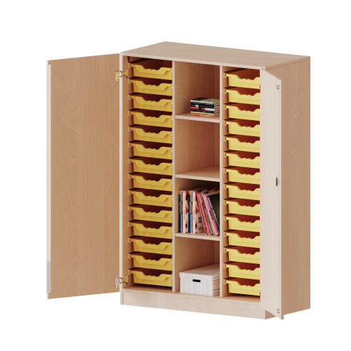 ErgoTray Schrank, dreireihig, 4 Ordnerhöhen - evo180 Serie B/H/T: 104,5x154x50 cm, zweitürig, mit Sockel (81 mm), mit 28 flachen ErgoTray Boxen