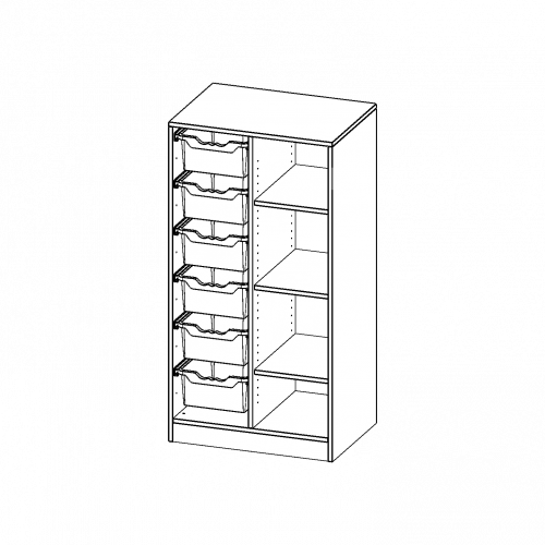 ErgoTray Regal, zweireihig, 3,5 Ordnerhöhen - evo180 Serie B/H/T: 70,3x136x50 cm, mit Sockel (81 mm), rechts 4 Fächer, links 6 hohe ErgoTray Boxen