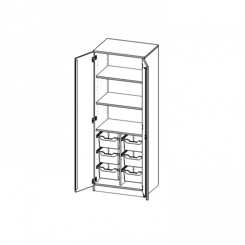 ErgoTray Schrank, zweireihig, 5 Ordnerhöhen - evo180 Serie B/H/T: 70,3x190x50 cm, zweitürig, mit Sockel (81 mm), mit 6 hohen ErgoTray Boxen