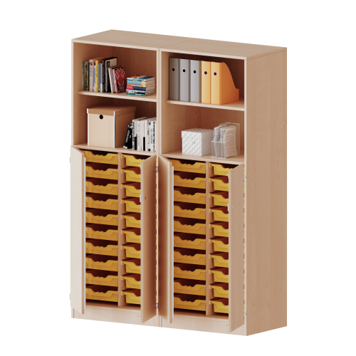 ErgoTray Kombi-Schrank, vierreihig, zweiteilig, 5 Ordnerhöhen - evo180 Serie B/H/T: 140,6x190x50 cm, unten 3 OH Türen und 40 flache ErgoTray Boxen, oben 2 OH Regal, mit Sockel (81 mm), mit Mittelwand ErgoTray Kombi-Schrank, vierreihig, zweiteilig, 5 Ordnerhöhen - evo180 Serie B/H/T: 140,6x190x50 cm, unten 3 OH Türen und 40 flache ErgoTray Boxen, oben 2 OH Regal, mit Sockel (81 mm), mit Mittelwand