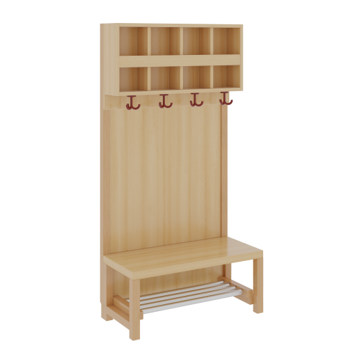 Komplettgarderobe mit doppelter Ablagereihe Stütze mit Paneelrückwand in Buche-hell, Aluminiumrost, wahlweise Facheinteilung, H/T: 158x39 cm