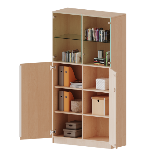 Schrank, 5 Ordnerhöhen, unten Türen (3 OH), oben Vitrinentüren (2 OH) - Serie evo180 Gesamthöhe 190 cm, 2 geschlossene und 2 Glas-Türen, abschließbar, mit Sockel (81 mm)