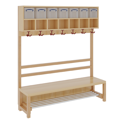 Komplettgarderobe mit doppelter Ablagereihe inklusive Boxen B/H/T: 140x158x39 cm, 7 Plätze, Sitzhöhe: 42 cm, offene Stütze in Buche-massiv, mit Schuhrost aus Aluminiumrohren