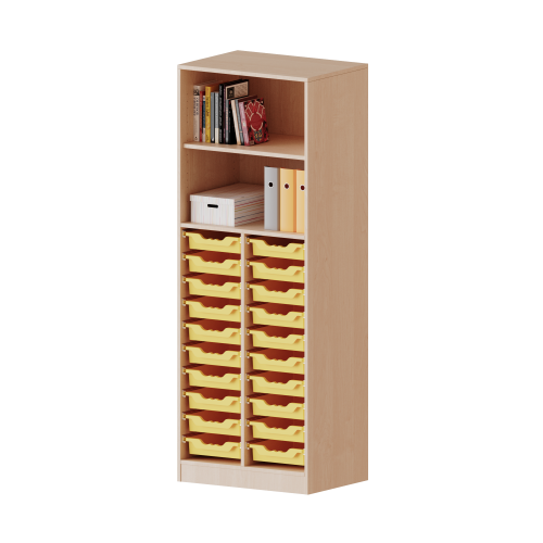 ErgoTray Regal, zweireihig, 5 Ordnerhöhen - evo180 Serie Breite 70,3 cm, Gesamthöhe 190 cm, mit Sockel (81 mm), unten 20 flache ErgoTray Boxen, oben 2 Einlegeböden ErgoTray Regal, zweireihig, 5 Ordnerhöhen - evo180 Serie Breite 70,3 cm, Gesamthöhe 190 cm, mit Sockel (81 mm), unten 20 flache ErgoTray Boxen, oben 2 Einlegeböden