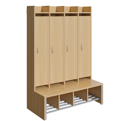 Spindgarderobe, hohe Tür B/H/T: 110x160x55 cm, 4 Plätze, Türen rechts, Bank aus feuerhemmendem Material, Schuhrost, 3fach-Haken