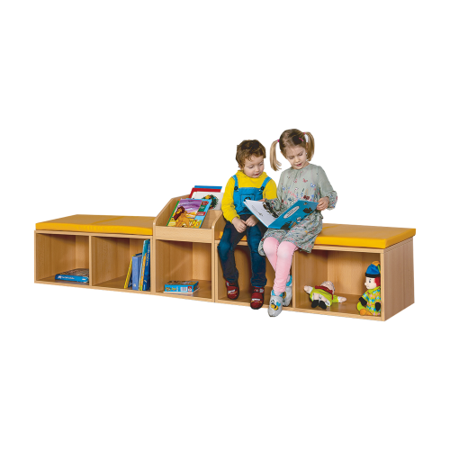 Lesestrecke mit Fächern, Bücherregal und Sitzpolstern B/H/T: 249x55x40 cm, 2 Bänke mit Sitzpolster, 1 Bücherregal mit Aufsatz