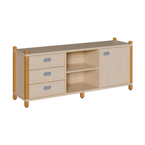 Stollen-Raumteilerschrank, dreireihig B/H/T: 156x60x40 cm, mit 2 Mittelwänden, Ausstattung (v.l.n.r.): 3 Schübe - Regal - Tür; im Tür- und Regalsegment je 1 Einlegeboden