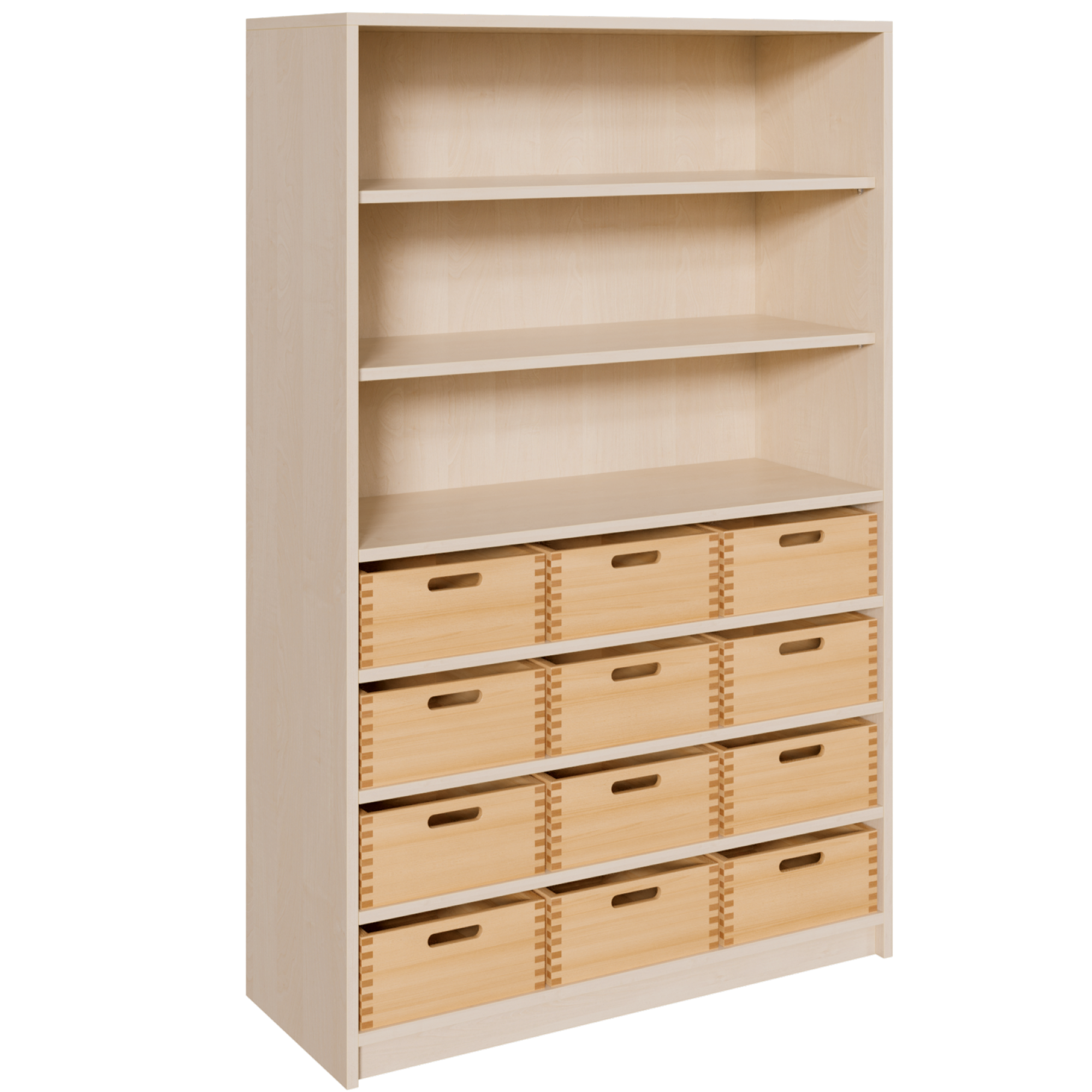 Korpus-Regal mit Materialkästen und offenen Fächern B/H/T: 102x160x40 cm, mit 12 Massivholz-Kästen (ohne Sichtfenster), oben Regal mit 3 Fächern