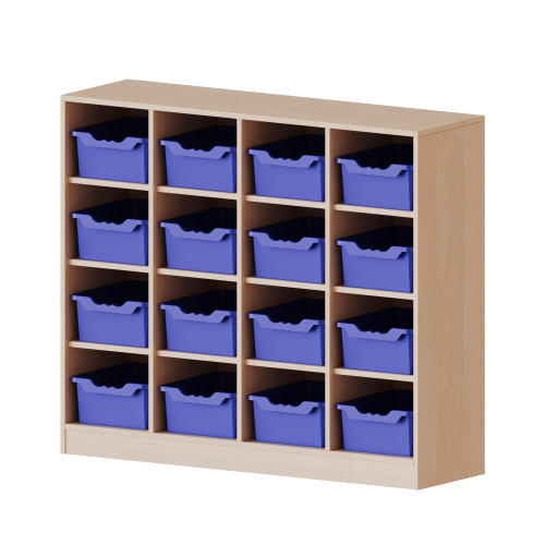 Taschenregal, 3 Ordnerhöhen - Serie evo180 Breite 138,7 cm, Gesamthöhe 118 cm, 16 halbhohe Fächer, je Fach mit einer hohen ErgoTray Box