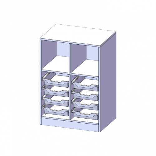 ErgoTray Regal, zweireihig, 2,5 Ordnerhöhen - evo180 Serie B/H/T: 70,3x100x50 cm, mit Sockel (81 mm), oben 3 Fächer, unten 8 flache ErgoTray Boxen