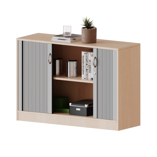 Schrank mit Rollo, 2 Ordnerhöhen - Serie evo180 Gesamthöhe 82 cm, Querrolladen, abschließbar, mit Sockel (81 mm)