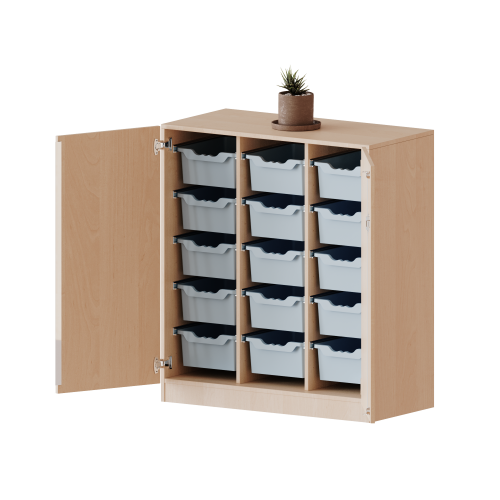 ErgoTray Schrank, dreireihig, 3 Ordnerhöhen - evo180 Serie Breite 104,5 cm, Gesamthöhe 118 cm, zweitürig, mit Sockel, mit 15 hohen ErgoTray Boxen