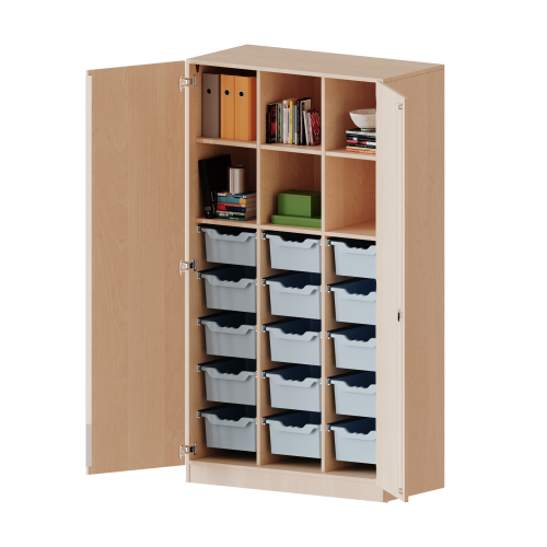 ErgoTray Schrank, dreireihig, 5 Ordnerhöhen - evo180 Serie B/H/T: 104,5x190x50 cm, zweitürig, mit Sockel (81 mm), mit 2 Mittelwänden, mit 15 hohen ErgoTray Boxen
