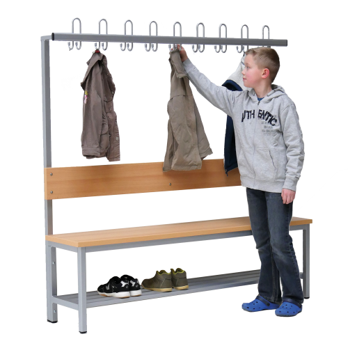 Umkleidebank einseitig mit Sitzfläche Melamin und Hakenleiste H/T: 45/155x38 cm, Sitzbank aus feuerhemmendem Material mit Schuhrost, Garderobenleiste mit Dreifachhaken