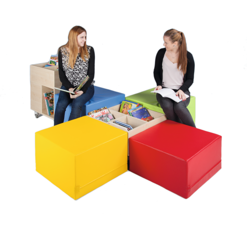 cuBe Bücherinsel "XL" 6-teilig Bücherinsel "XL" mit hoher und flacher Bücherkiste fahrbar und 4 Sitzhockern cuBe Bücherinsel "XL" 6-teilig Bücherinsel "XL" mit hoher und flacher Bücherkiste fahrbar und 4 Sitzhockern