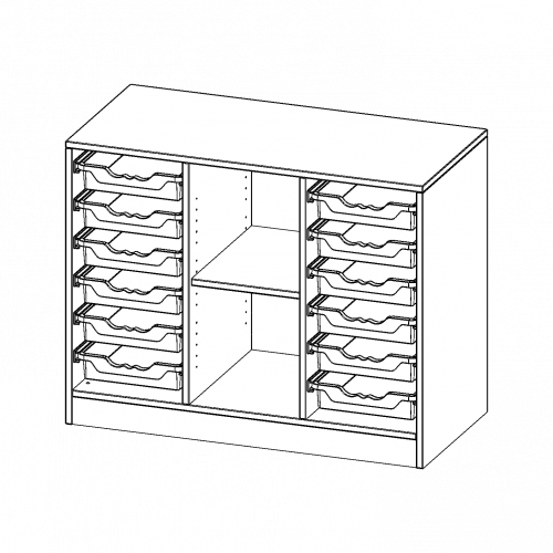 ErgoTray Regal, dreireihig, 2 Ordnerhöhen - evo180 Serie B/H/T: 104,5x82x50 cm, mit Sockel (81 mm), rechts und links je 6 flache ErgoTray Boxen, 2 Fächer in der Mitte